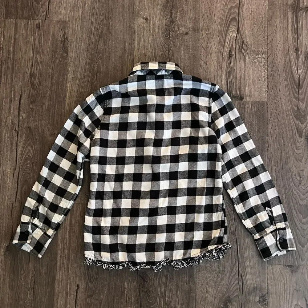 Justice Girls Buffalo Plaid Shirt Size 8 Black White Fringe Button Down Long...
